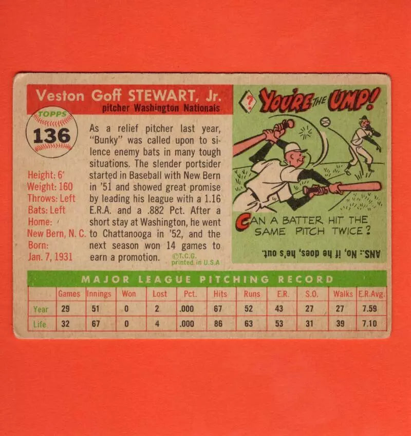 1955 Topps #136 Bunky Stewart VG+ Very Good Plus RC Rookie Washington Senators