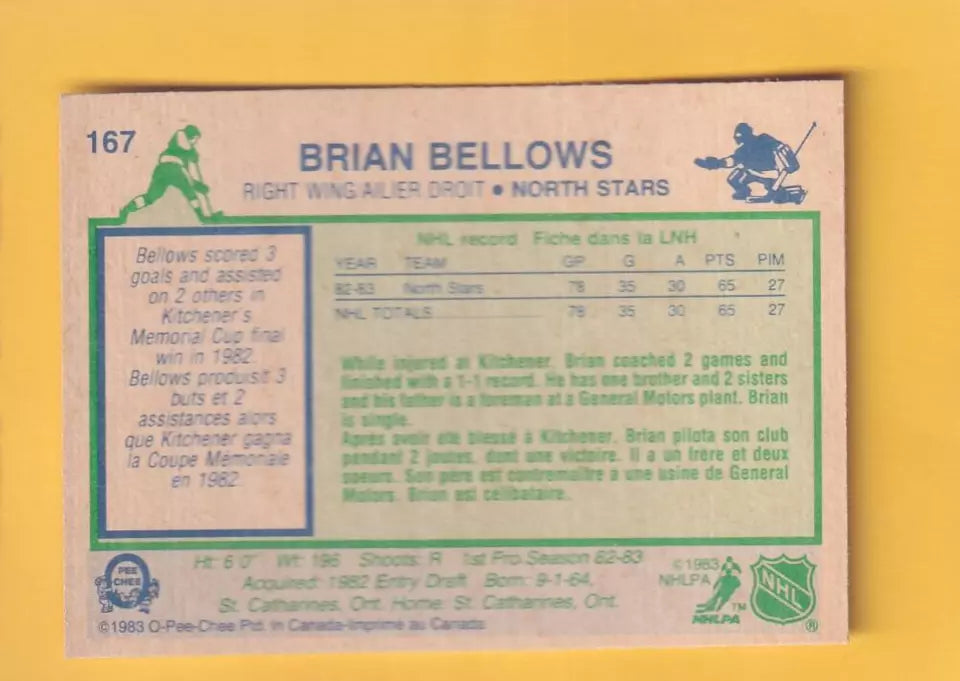 1983-84 O-Pee-Chee #167 Brian Bellows NM-MT RC Rookie Minnesota North Stars #32351