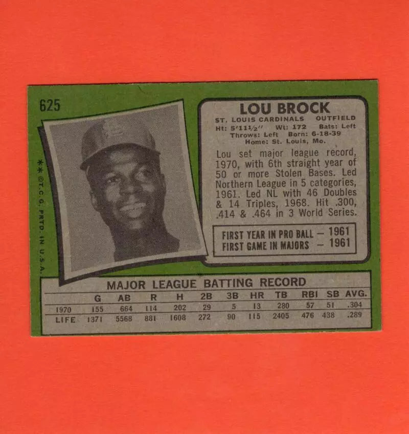 1971 Topps #625 Lou Brock EX Excellent St. Louis Cardinals