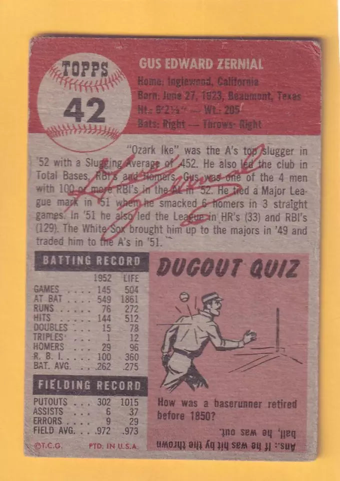 1953 Topps #42 Gus Zernial DP G Good Philadelphia Athletics #33050