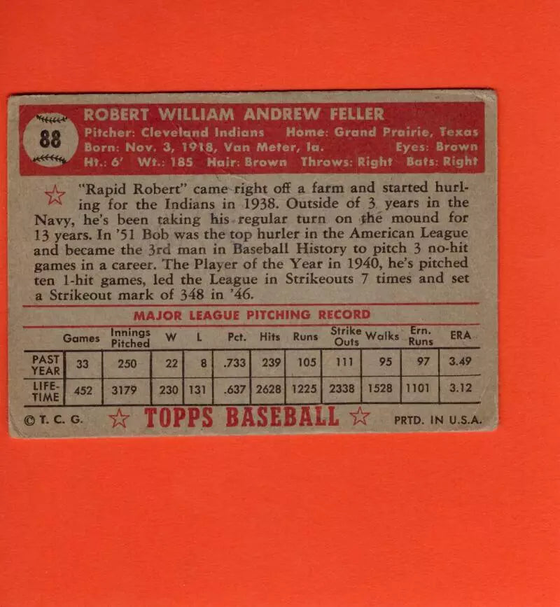 1952 Topps #88 Bob Feller G Good Cleveland Indians