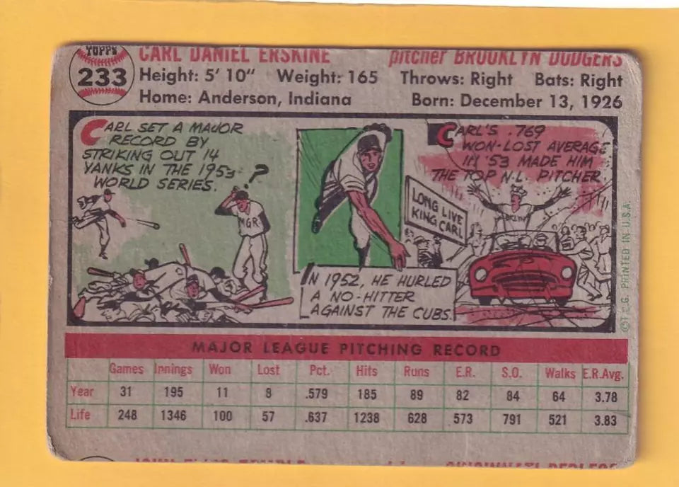 1956 Topps #233 Carl Erskine F Fair (MC) Brooklyn Dodgers #33056