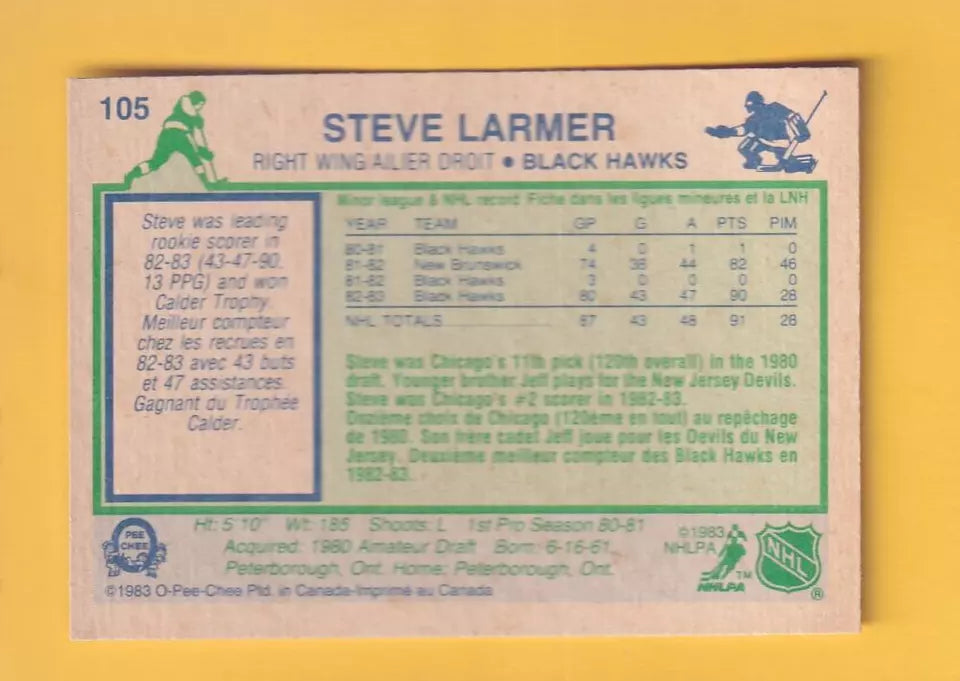 1983-84 O-Pee-Chee #105 Steve Larmer UER NM Near Mint RC Rookie Chicago Blackhawks #32348