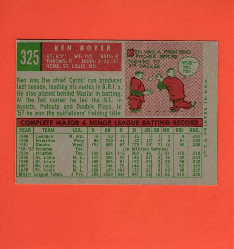 1959 Topps #325 Ken Boyer VG/EX Very Good/Excellent St. Louis Cardinals