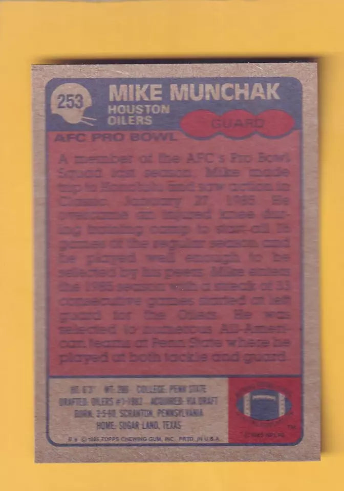 1985 Topps #253 Mike Munchak NM-MT RC Rookie Houston Oilers #32380