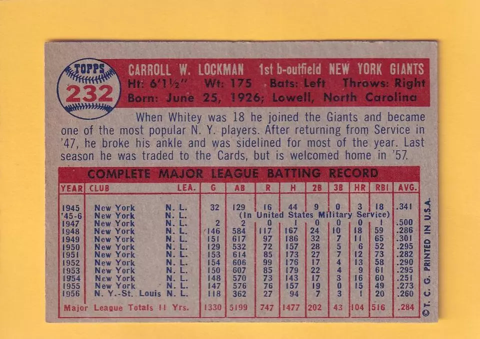 1957 Topps #232 Whitey Lockman EX Excellent New York Giants #32470