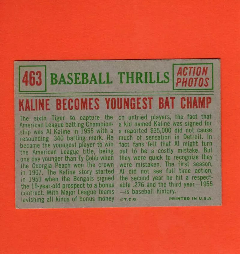 1959 Topps #463 Al Kaline Kaline Becomes Youngest Bat Champ EX Excellent Detroit Tigers