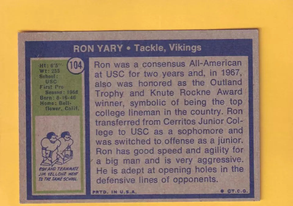 1972 Topps #104 Ron Yary EX Excellent RC Rookie Minnesota Vikings #32402