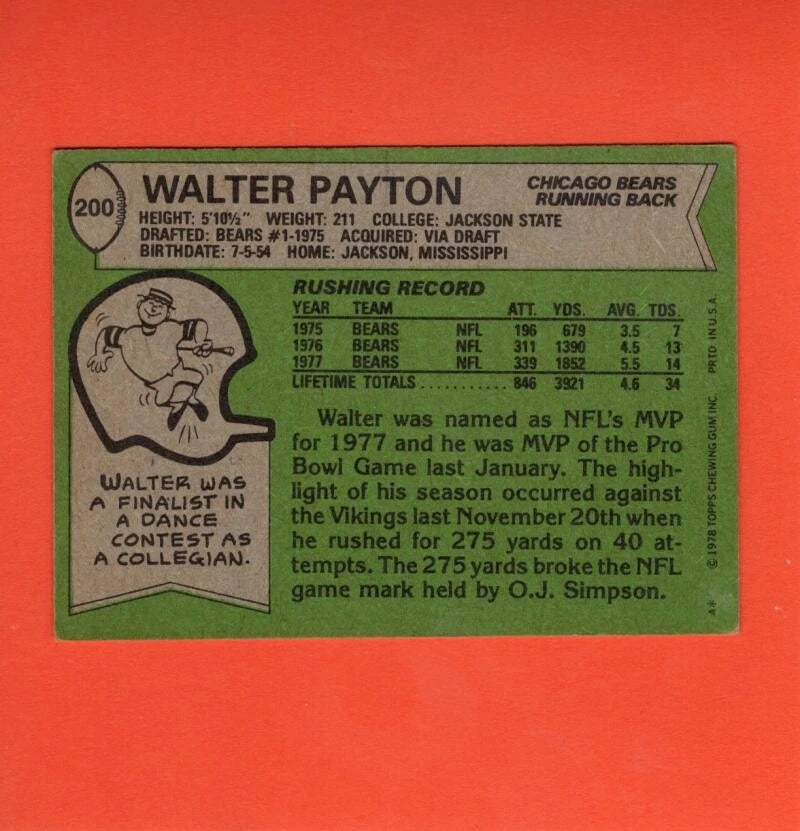 1978 Topps #200 Walter Payton UER VG+ Very Good Plus Chicago Bears