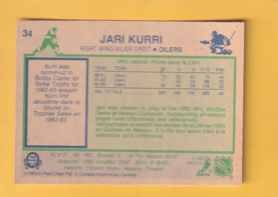 1983-84 O-Pee-Chee #34 Jari Kurri NM-MT Edmonton Oilers #32344