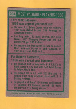 1975 Topps #204 Frank Robinson/Roberto Clemente 1966 MVP's EX Excellent Baltimore Orioles/Pittsburgh Pirates #33067