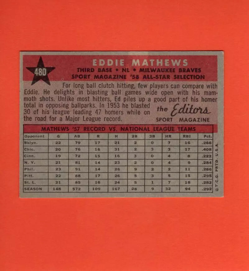 1958 Topps #480 Eddie Mathews AS EX+ Excellent+ Milwaukee Braves