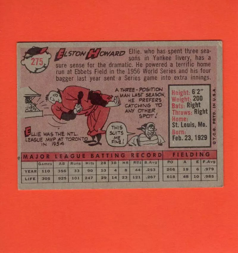 1958 Topps #275 Elston Howard VG/EX Very Good/Excellent New York Yankees