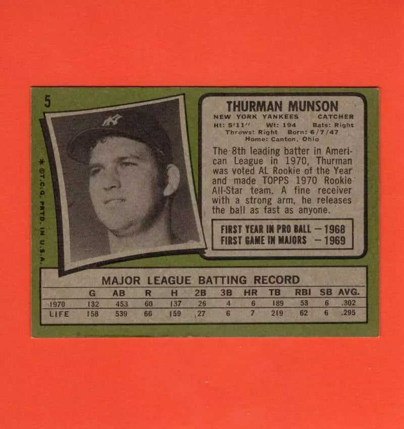 1971 Topps #5 Thurman Munson VG+ Very Good Plus New York Yankees