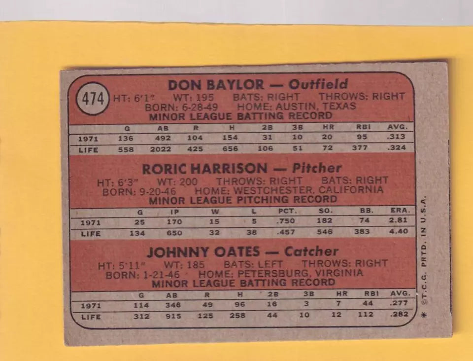 1972 Topps #474 Don Baylor/Roric Harrison/Johnny Oates Orioles Rookies VG+ Very Good Plus RC Rookie Baltimore Orioles