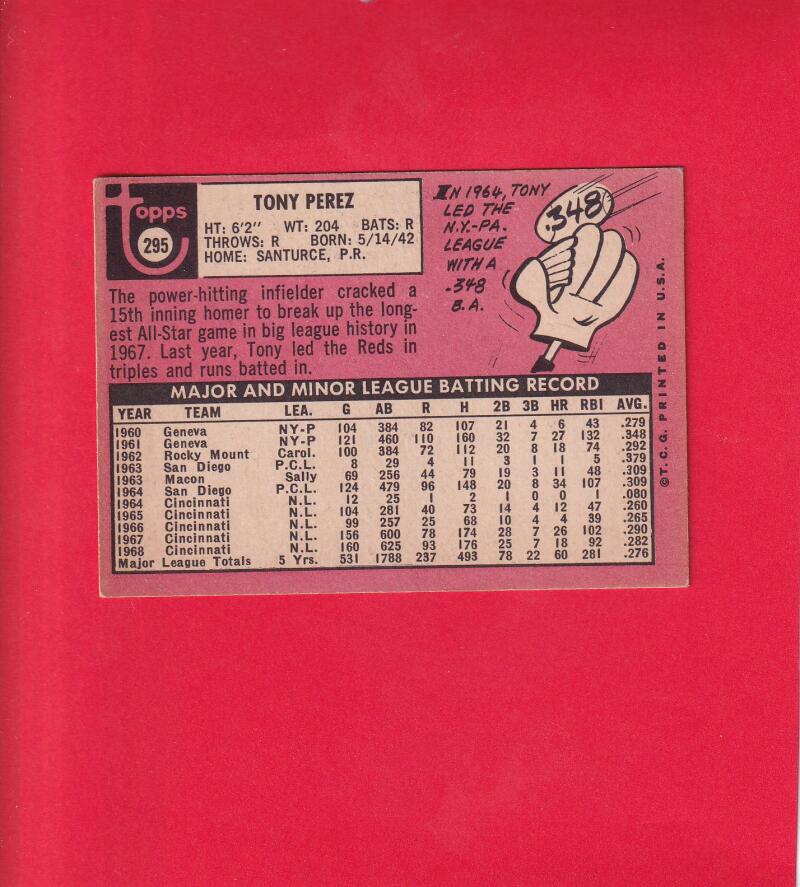 1969 Topps #295 Tony Perez EX Excellent Cincinnati Reds #16345 Image 2