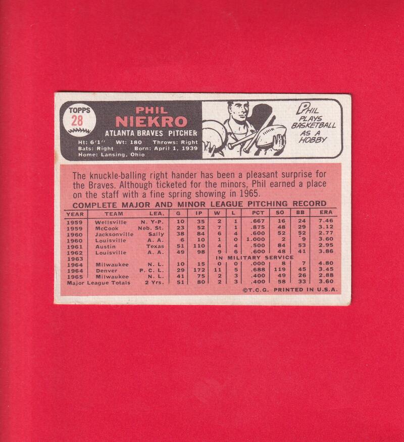1966 Topps #28 Phil Niekro VG/EX Very Good/Excellent Atlanta Braves #16390 Image 2