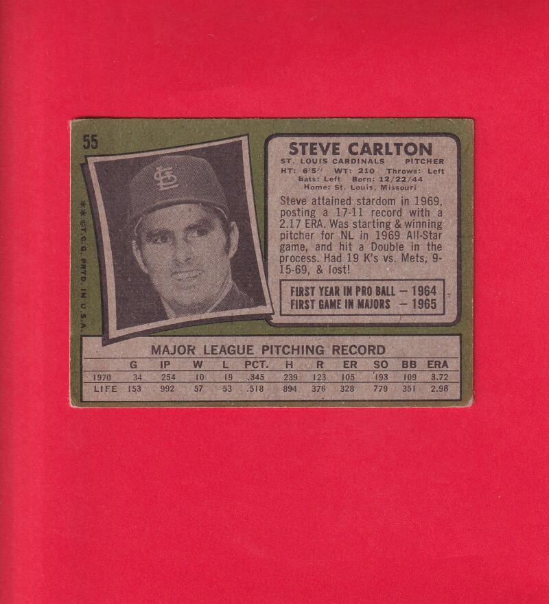 1971 Topps #55 Steve Carlton G/VG St. Louis Cardinals #16547 Image 2