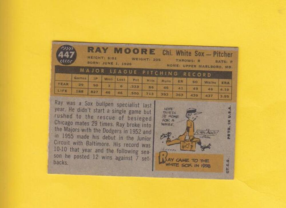 1960 Topps #447 Ray Moore Chicago White Sox EX/NM #16601 Image 2