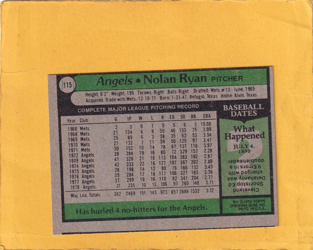 1979 Topps #115 Nolan Ryan EX+ Excellent+ California Angels #23527 Image 2