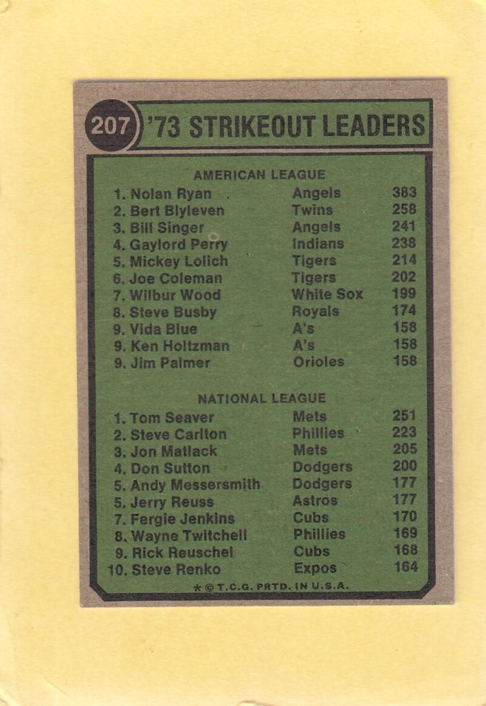 1974 Topps #207 Nolan Ryan/Tom Seaver Strikeout Leaders EX Excellent California Angels/New York Mets #26292 Image 2