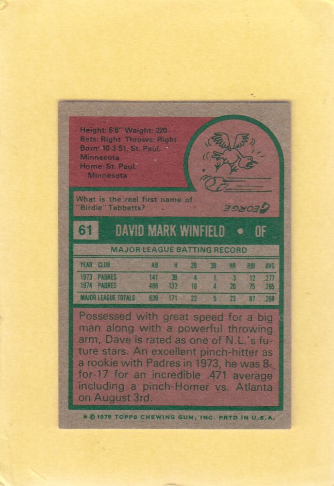 1975 Topps Mini #61 Dave Winfield VG+ Very Good Plus San Diego Padres #26295 Image 2