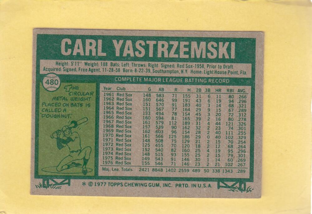 1977 Topps #480 Carl Yastrzemski VG/EX Very Good/Excellent Boston Red Sox #27058 Image 2