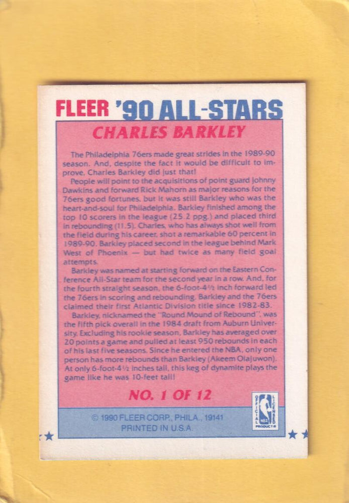 1990-91 Fleer All-Stars #1 Charles Barkley Near Mint or Better Philadelphia 76ers Image 2