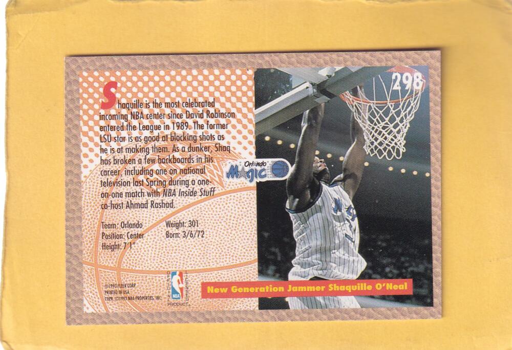 1992-93 Fleer #298 Shaquille O'Neal SD NM-MT+ Orlando Magic Image 2