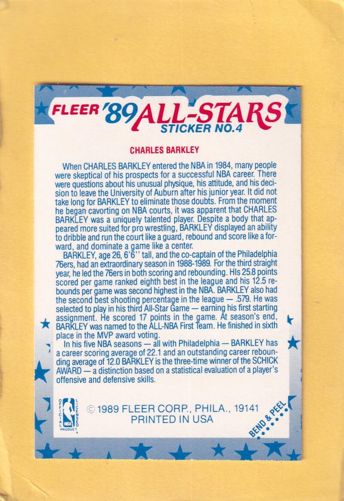 1989-90 Fleer Stickers #4 Charles Barkley NM-MT+ Philadelphia 76ers Image 2