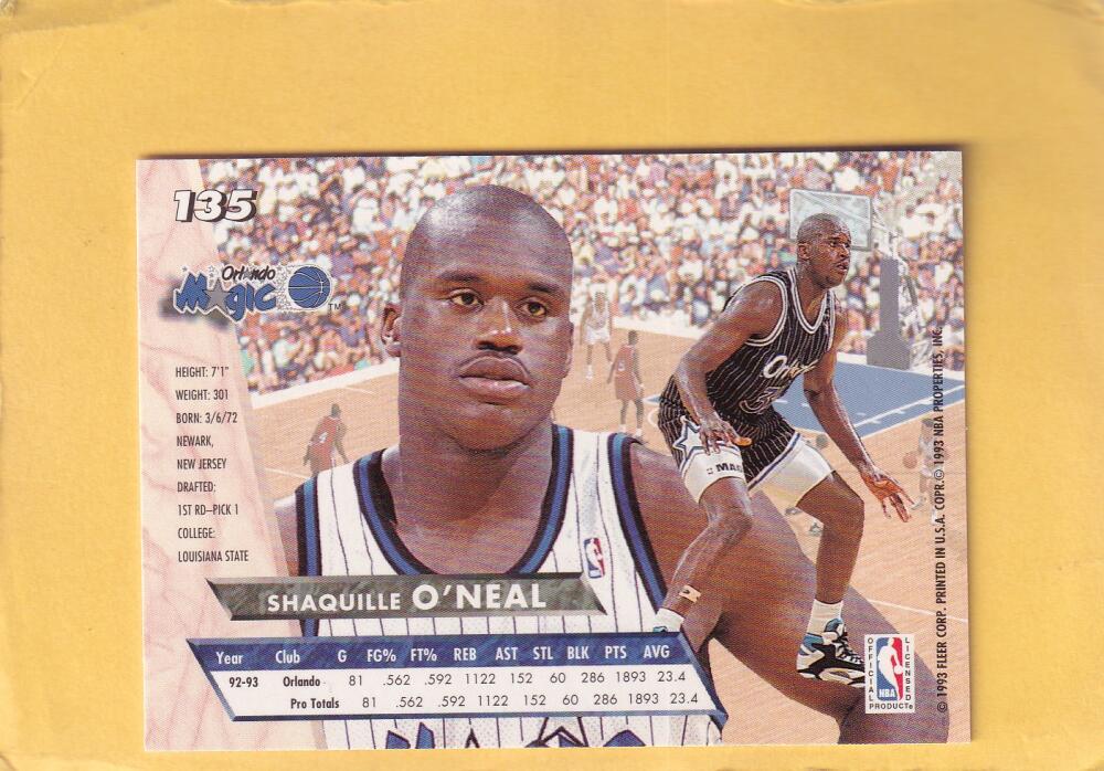 1993-94 Fleer Ultra #135 Shaquille O'Neal NM-MT+ Orlando Magic Image 2