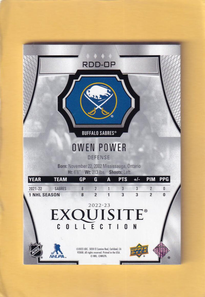 2022-23 Upper Deck Exquisite Collection Rookie Draft Day #RDD-OP Owen Power NM-MT+ RC Rookie 30/349 Buffalo Sabres Image 2