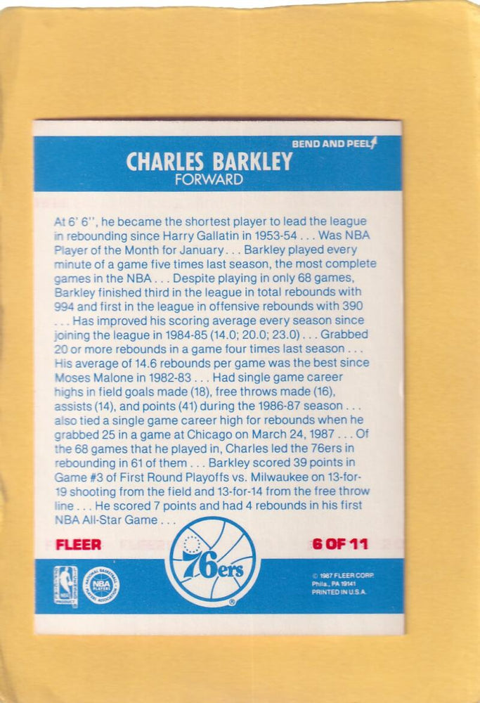 1987-88 Fleer Stickers #6 Charles Barkley NM Near Mint Philadelphia 76ers #28259 Image 2