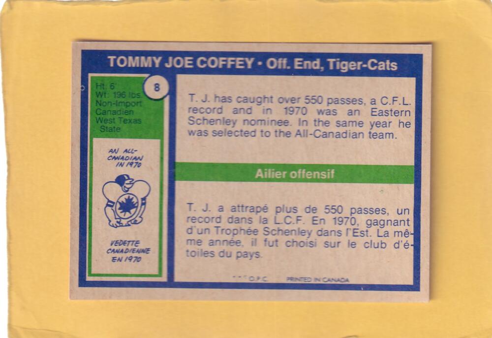 1972 O-Pee-Chee CFL #8 Tommy Joe Coffey NM Near Mint Hamilton Tiger-Cats #28266 Image 2