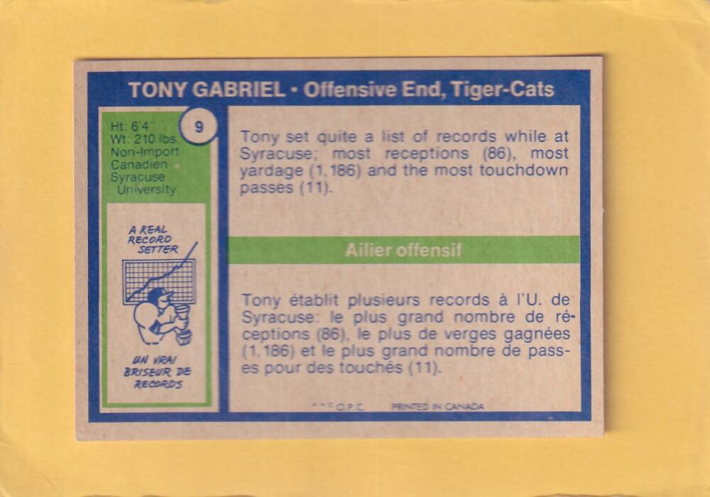 1972 O-Pee-Chee CFL #9 Tony Gabriel NM Near Mint Hamilton Tiger-Cats #28267 Image 2