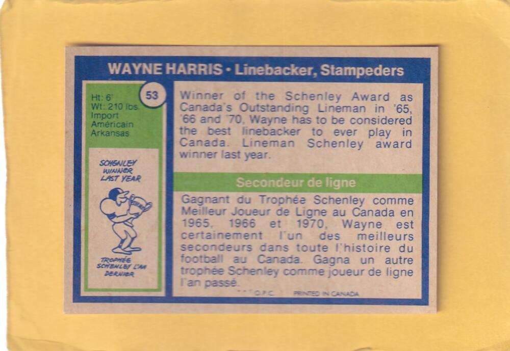 1972 O-Pee-Chee CFL #53 Wayne Harris NM Near Mint Calgary Stampeders #28271 Image 2