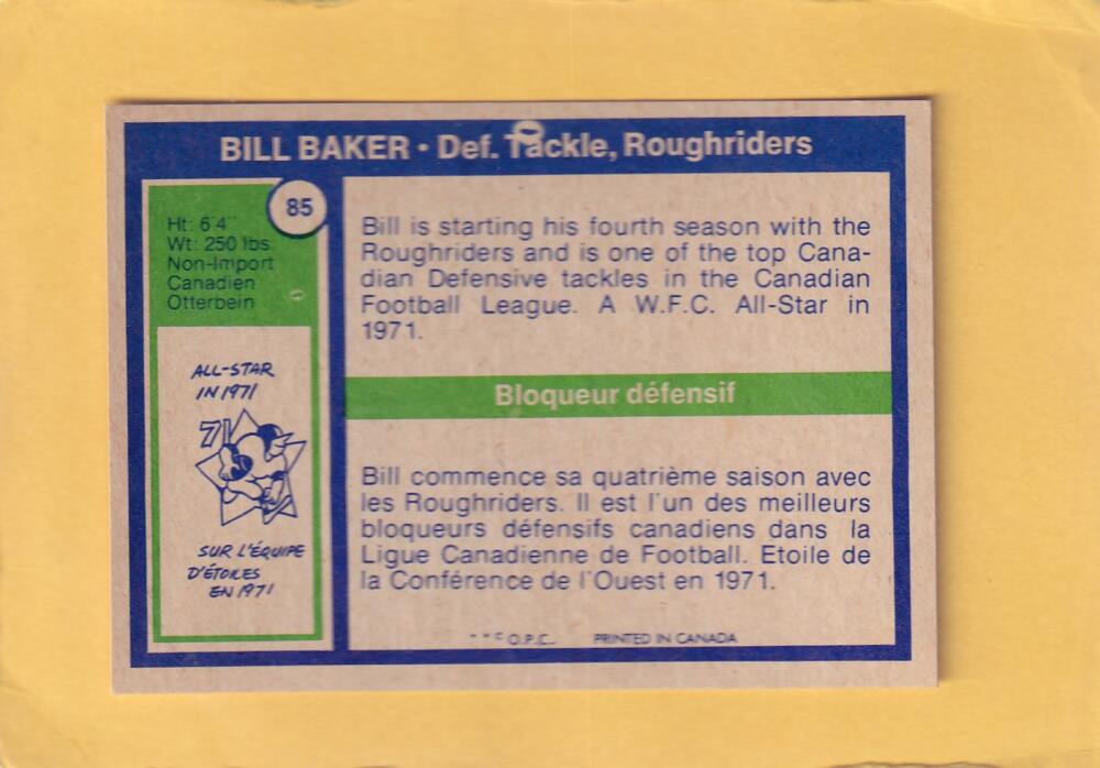 1972 O-Pee-Chee CFL #85 Bill Baker NM Near Mint Saskatchewan Roughriders #28274 Image 2