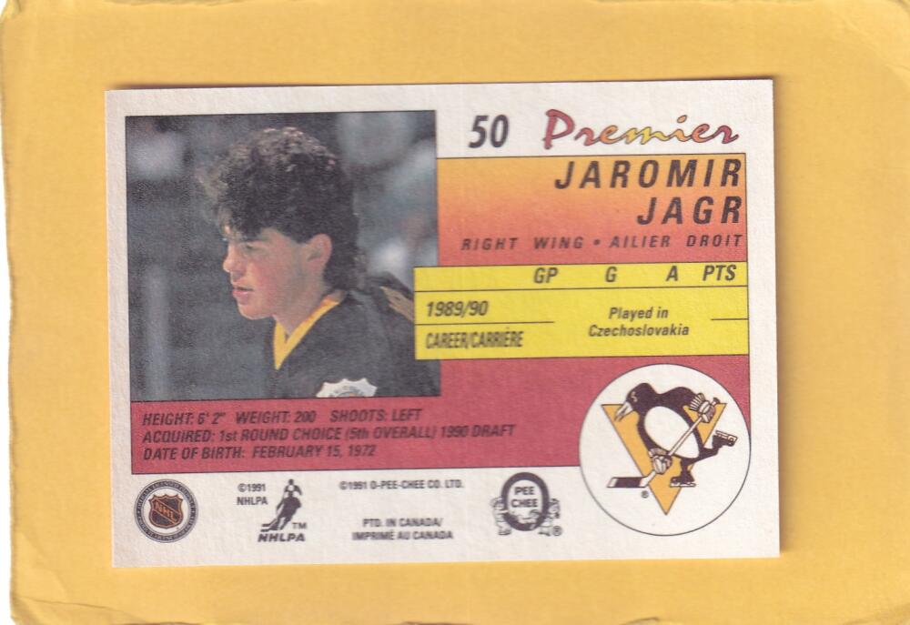 1990-91 OPC Premier #50 Jaromir Jagr NM-MT RC Rookie Pittsburgh Penguins #28292 Image 2