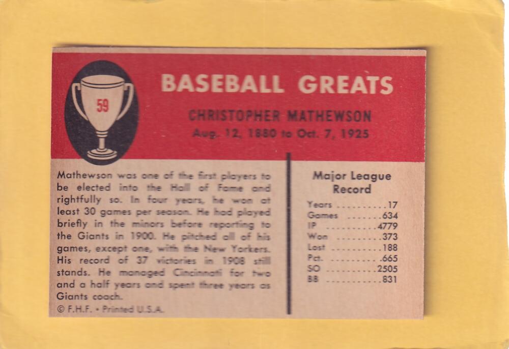 1961 Fleer #59 Christy Mathewson New York Giants EX+ Excellent+ #28302 Image 2