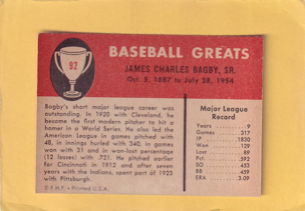 1961 Fleer #92 Jim Bagby EX+ Excellent+ Cleveland Indians #28304 Image 2