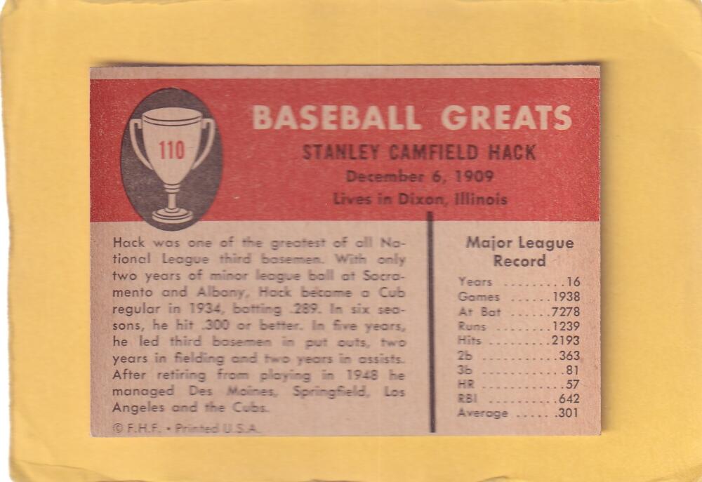 1961 Fleer #110 Stan Hack EX+ Excellent+ Chicago Cubs #28308 Image 2