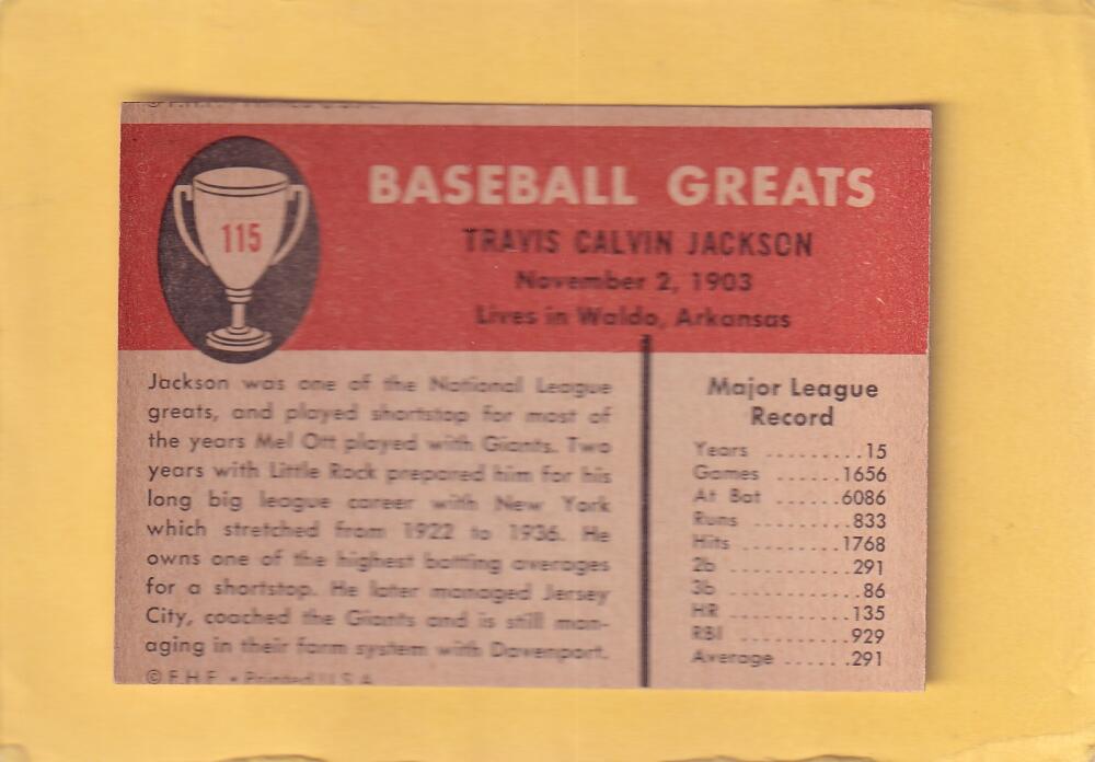 1961 Fleer #115 Travis Jackson EX+ Excellent+ New York Giants #28312 Image 2