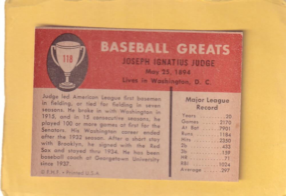 1961 Fleer #118 Joe Judge EX/NM Washington Senators #28313 Image 2