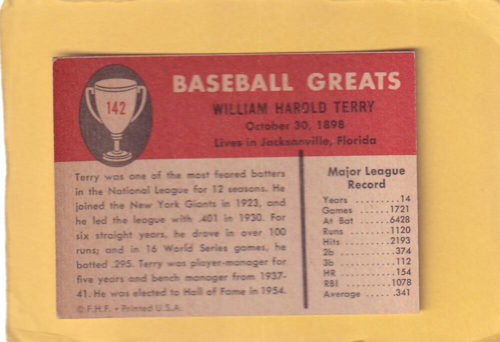 1961 Fleer #142 Bill Terry EX Excellent New York Giants #28323 Image 2