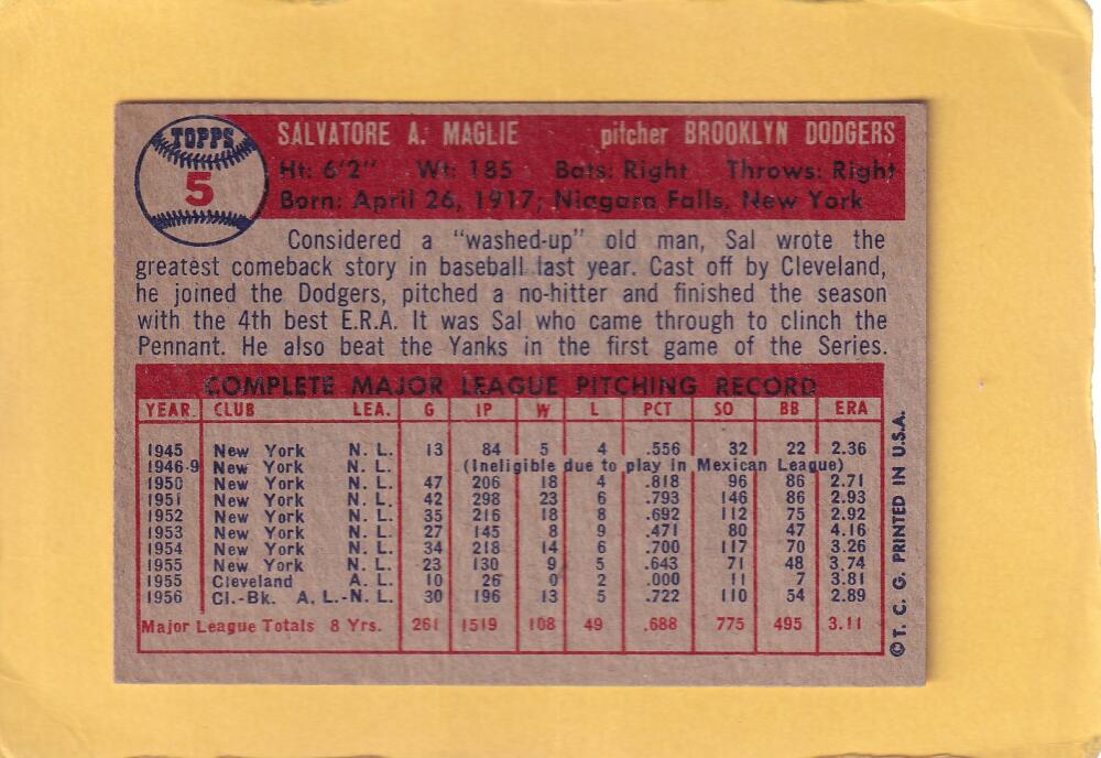 1957 Topps #5 Sal Maglie EX Excellent Brooklyn Dodgers #28328 Image 2