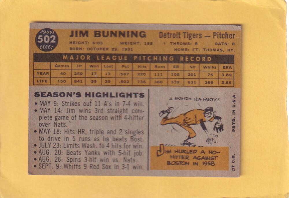 1960 Topps #502 Jim Bunning VG/EX Very Good/Excellent Detroit Tigers #28329 Image 2