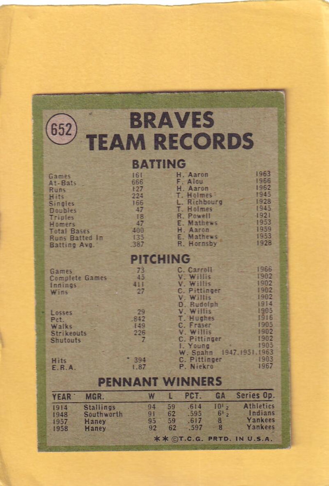 1971 Topps #652 Braves Team EX Excellent Atlanta Braves #28348 Image 2