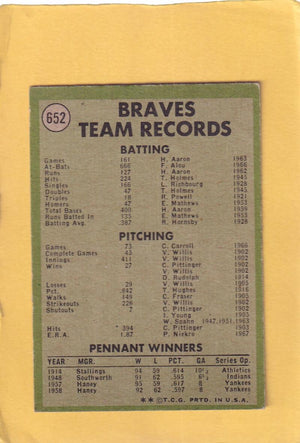 1971 Topps #652 Braves Team EX Excellent Atlanta Braves #28348 Image 2