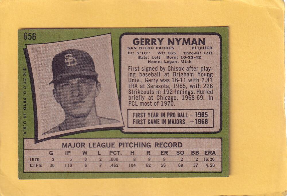 1971 Topps #656 Gerry Nyman EX/NM SP San Diego Padres #28351 Image 2