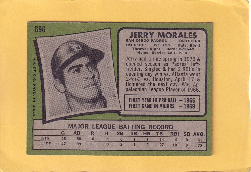 1971 Topps #696 Jerry Morales EX/NM San Diego Padres #28364 Image 2